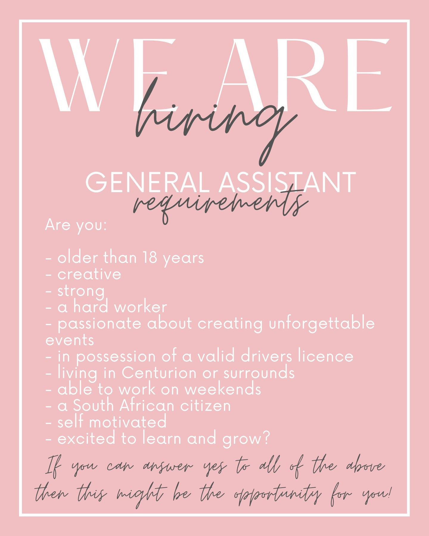 #wearehiring #jointheteam #boksomdaais #centurion