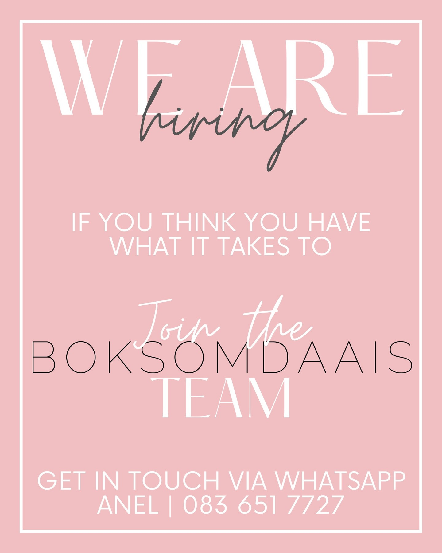 #wearehiring #jointheteam #boksomdaais #centurion